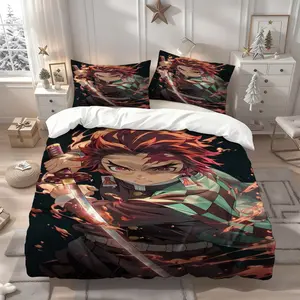 3pcs Demon Slayer Themed bedding three-piece set, duvet cover and pillowcase set, soft, comfortable, Comfy Bedding Set, suitable for all seasons, ideal for home and bedroom rooms, for birthdays, Christmas gifts, 1 Duvet Cover + 2 Pillowcases (No Insert)