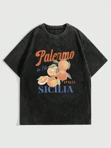 Women's Y2K Retro Sicilian Citrus & PALERMO Print Washed T-Shirt - Loose Fit Drop Shoulder Short Sleeve Round Neck Top, Soft Vintage Streetwear, Unisex Suitable for Spring Summer, Easter, Music Festival, Mother's Day Gifts