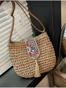 Pure Color Minimalist Woven Crossbody Bag Bohemian Style with Turquoise Beads Tassel Adjustable Strap Casual Beach Vacation Summer Women's Straw Beach Bag Travel Accessories Lightweight Shoulder Bag