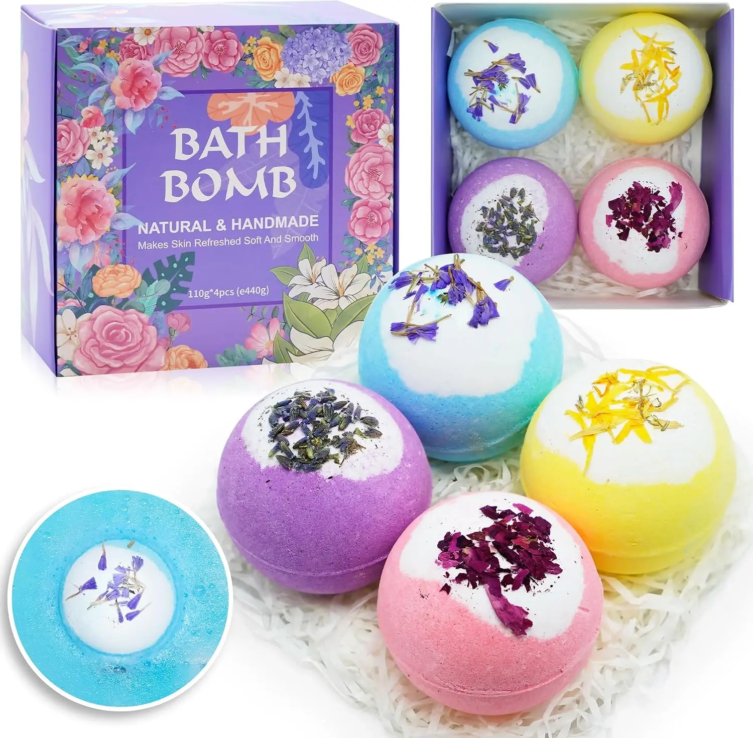 Natural Handmade Floral Design Bath Bombs, Soothing Bath Additives for Relaxation & Self-Care Christmas and happy new gifts