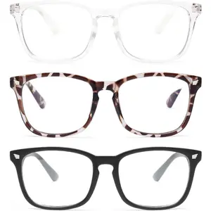 Blue Light Blocking Glasses - 3 Pack Fashion Square Fake Eyeglasses, Anti UV Ray Computer Gaming Glasses, Blue Blockers Glasses for Women/Men, Matte Black+Leopard+Transparent
