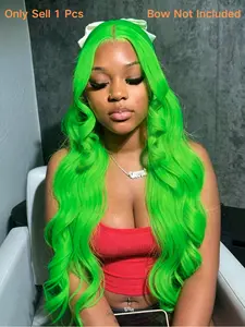 Neon Green Body Wave Wigs 13x4 Lace Front Wigs Pre-Plucked Hairline Synthetic Wig HD Transparent Lace Frontal Wig Colored Festival Look Wavy Wig Coachella Festival Look for Women Party Cosplay Stage 28 Inch Synthetic Fiber Wig