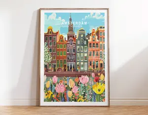 Amsterdam Travel Poster, Netherlands Wall Art Print, Vintage Travel Print, Amsterdam Cityscape Home Decor, Gift for Traveler