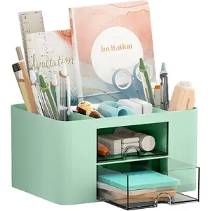 Pen Organizer with 2 Drawer, Multi-Functional Pencil Holder for Desk, Desk Organizers and Accessories with 5 Compartments + Drawer for Office Art Supplies (Green)