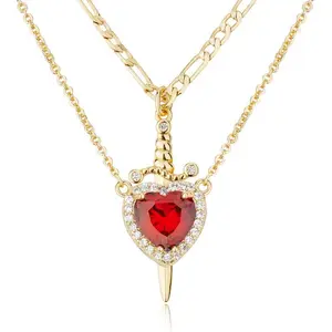 14K Gold Plated Heart Pendant Necklaces for Women Men, Zirconia Dagger Cross Pendant Necklace, Elegant Jewelry Gift for Couples