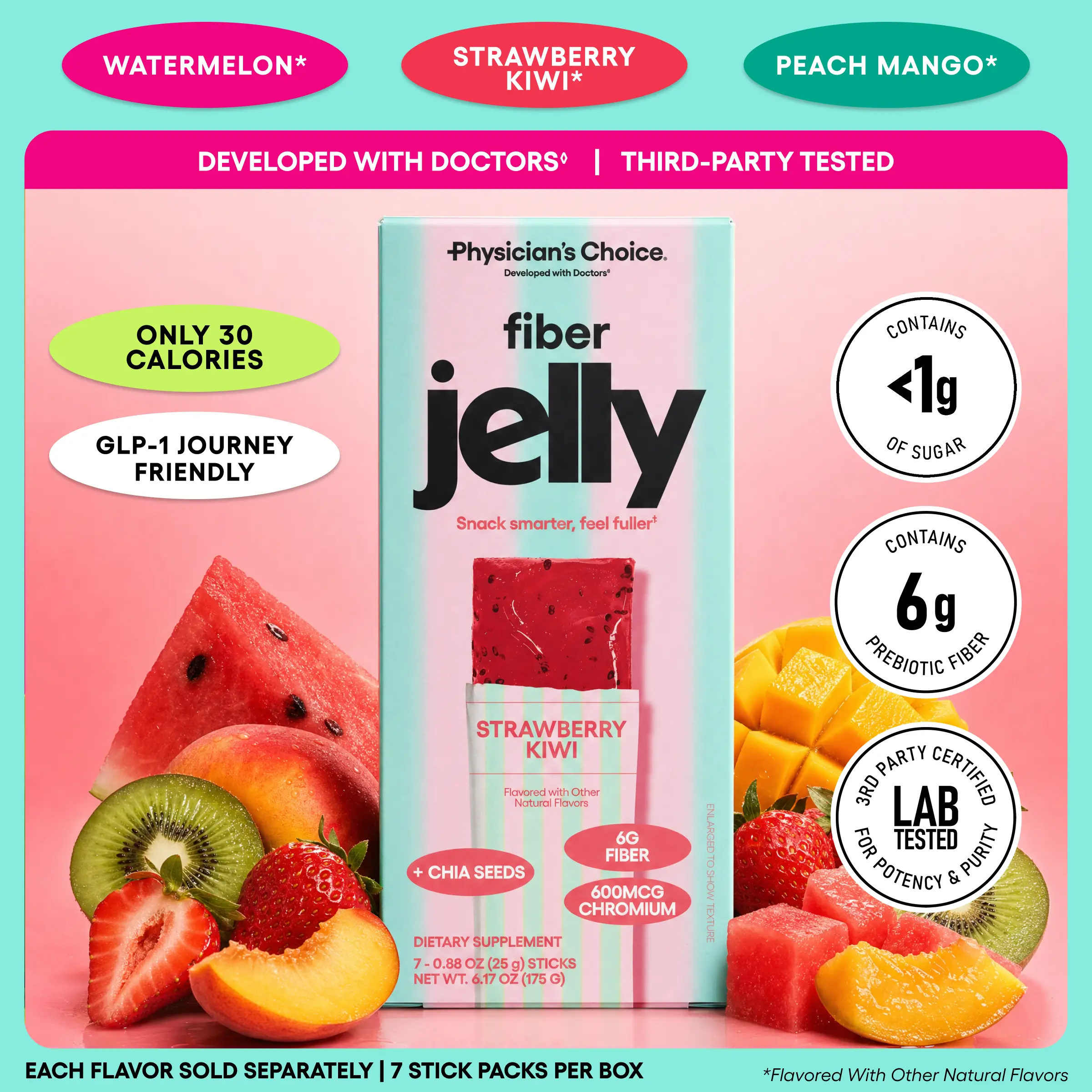 Physician's Choice Fiber Jelly Sticks - Digestion, Regularity, Fullness & Metabolism Support - Prebiotic Fiber with Chromium - 3 Flavors - 7 Sticks