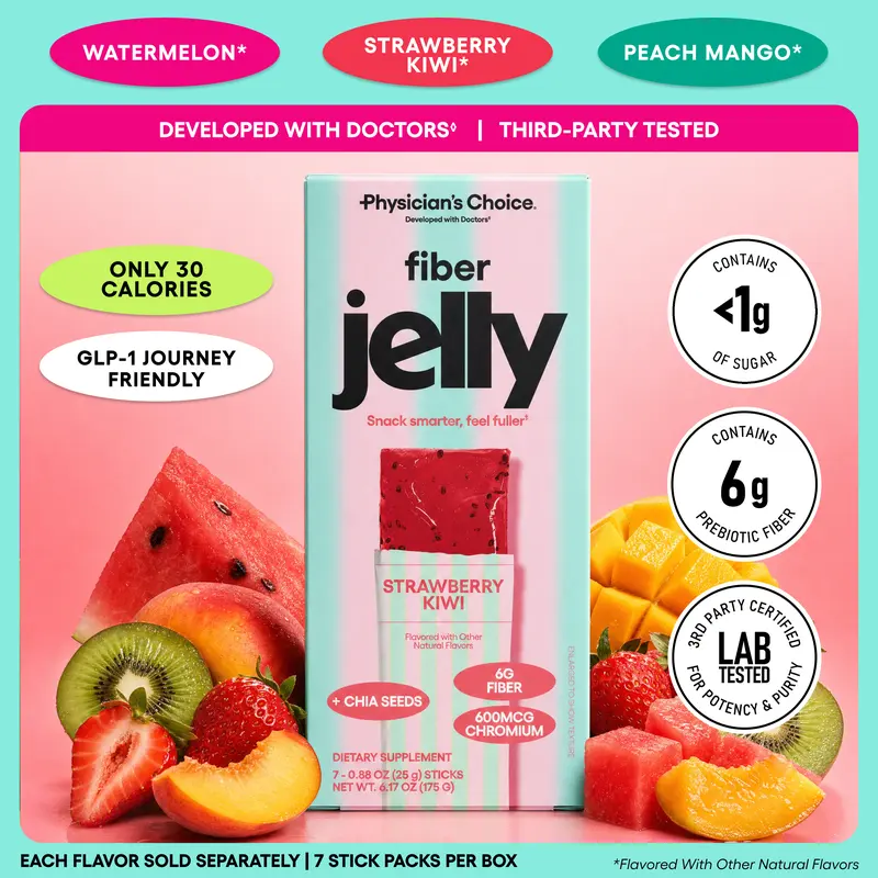 Physician's Choice Fiber Jelly Sticks - Digestion, Regularity, Fullness & Metabolism Support - Prebiotic Fiber with Chromium - 3 Flavors - 7 Sticks