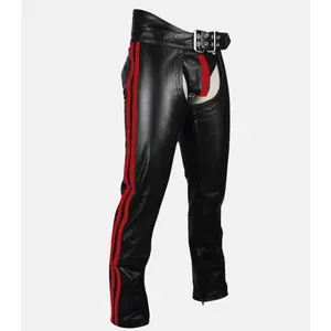 Mens Black Leather Bikers Chaps with Red Stripes