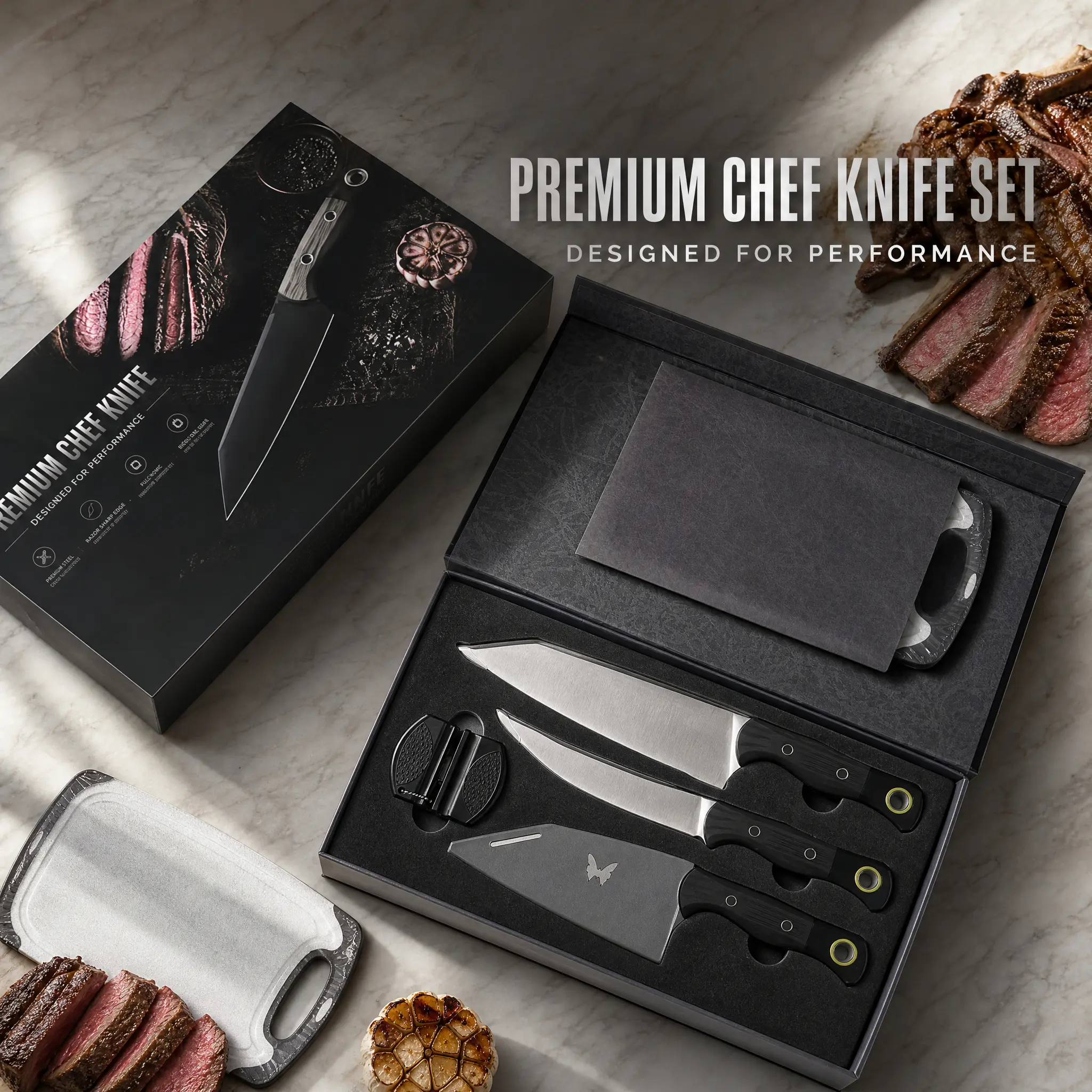 5-Piece Classic Kitchen Knife Set with Steel Blade, Professional Chef Knives, Cutting Board & Sharpener, Home Use Stainless Steel Kitchenware for Meat & Vegetable Cutting