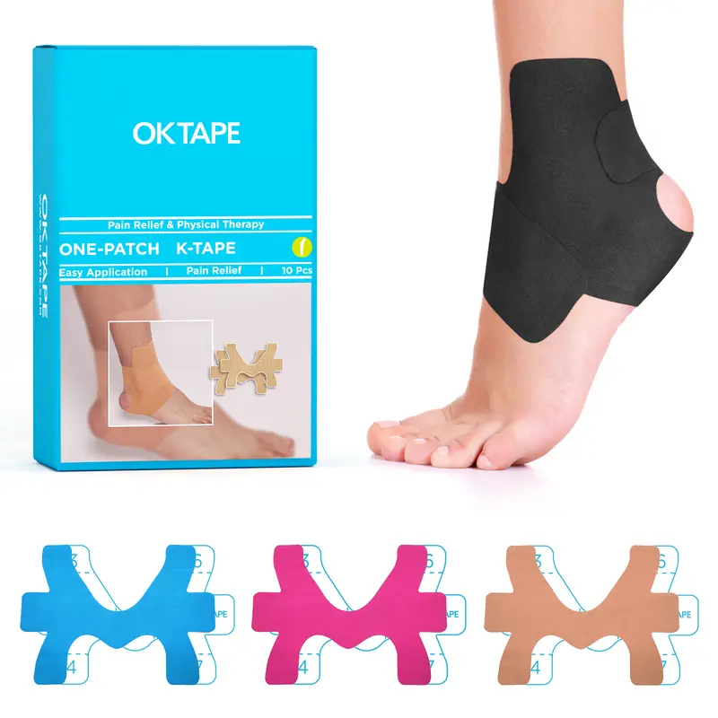OKTAPE Precut Kinesiology Athletic Tape (OK Tape) - 10 Cotton Breathable Elastic Strips, 180% Stretch Fit, Water-Resistant for Showers, One Size Fits All, Ankle Pain Relief, Ligament & Muscle Support for Adults Running, All Seasons Use