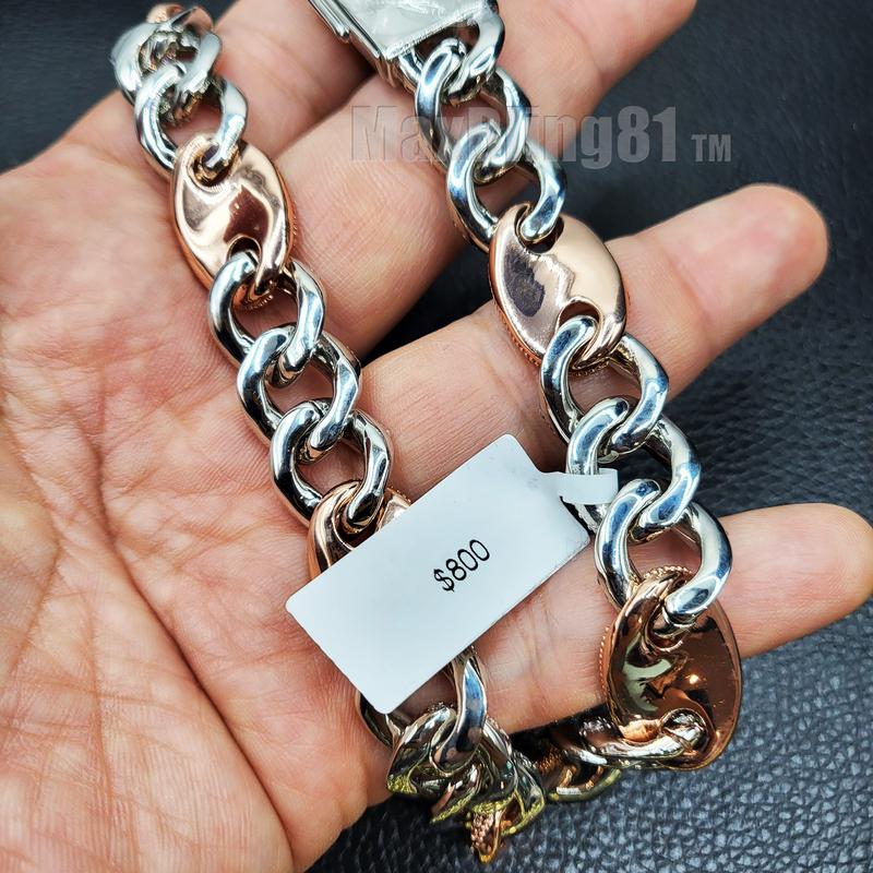 MaxBling81 Unisex Men Women AAA+ SIMULATED DIAMOND 15mm 18" CUFF CUBAN BRASS HIP HOP CHAIN NECKLACE SILVER / ROSE GOLD FINISHED