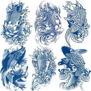 6 Pcs Koi Fish Herbal Tattoo Stickers, Lotus Pattern, Waterproof Anti-Scratch, Realistic Look, Lasts 7-15 Days, Suitable for Men and Women