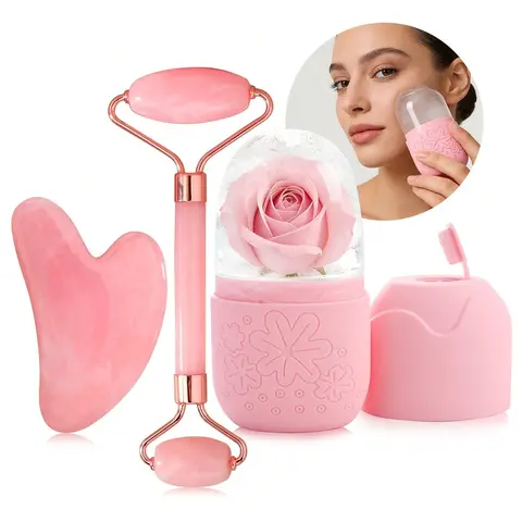 3-Piece Facial Ice Roller, Jade Roller and Gua Sha Set, Cooling Face Massage Tools for At Home Facial, Face, Eyes, and Neck Skin Care