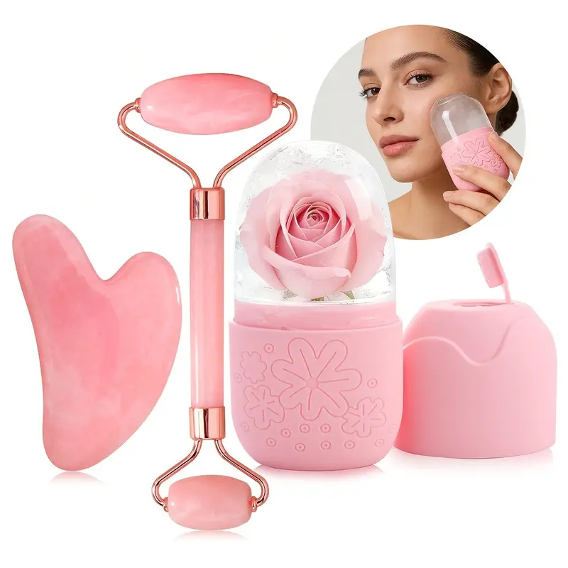 3-Piece Facial Ice Roller, Jade Roller and Gua Sha Set, Cooling Face Massage Tools for At Home Facial, Face, Eyes, and Neck Skin Care