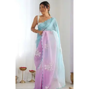 Lavendar Blue Multi Embellished Pure Chiffon Saree With Blouse Fabric