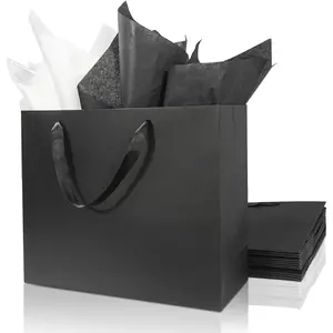 3 Pack  14.6"x5.2"x12" Black  Bags with Tissue Papers,  Shopping Bags with Handles, Retail Wrapping Set for  Occasions