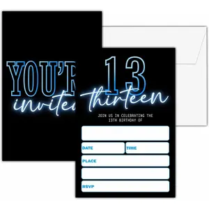 13th Birthday Invitations for Boys, 25 Double-Sided Invitation Cards with 25 Envelopes, Black and Blue Party Decoration Supplies - D05
