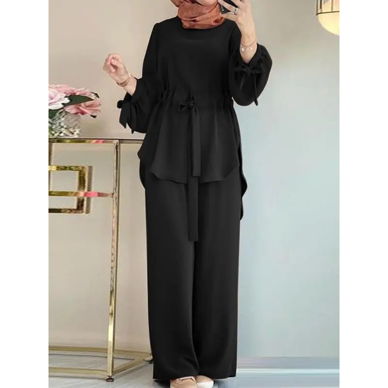 Two-piece Set Women's Solid Bishop Sleeve Knot Top & Elastic Waist Pants Islamic Set, Modest Casual High Low Top & Wide Leg Trousers for Daily Wear, Ladies Islamic Clothing for All SeasonsGift