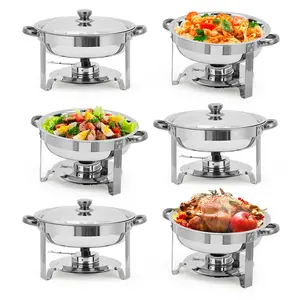Pack of 6 Round Chafing Dish Buffet Set, 5 Quart Stainless Steel Deep Pans Chafer Dish with Water Pan, Fuel Holder, Buffet Servers for Party Catering
