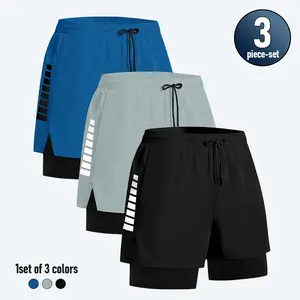 Men's  Double Layer Shorts, Casual Elastic Waist Pocket Track Shorts for Summer, Breathable Men's Bottoms for Gym Workout Training, Athletic Shorts Menswear Menswear Compression Set Sweat