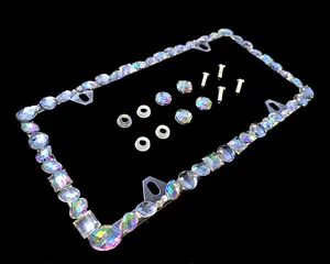 Dazzling Addiction 3D Bling License Plate Frame Big Chunky Rhienstones Clear and Clear AB Made in USA Handmade 1 Row Holder Screw Caps Personalizable Customizable Customized White Bedazzled Sparkly Shimmering for Girls and Women 4 Holes Crystals Diamond