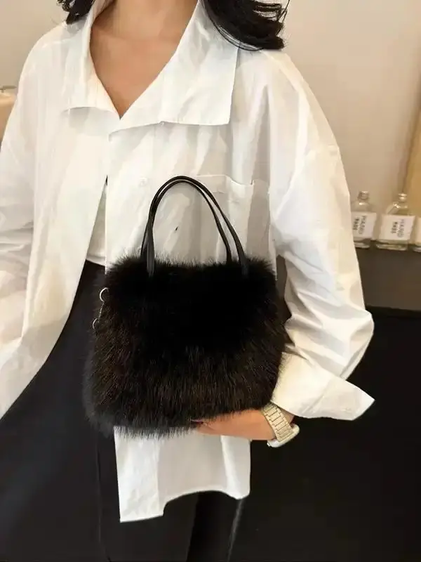 Solid Fluffy Handbag, Fashionable Faux Fur Crossbody Bag for Women, Casual Trendy Versatile High-quality Daily Commuting Bag Valentine's Day Gift for Girl Office Travel Backpack Magnetic Closure Classic Removable Strap