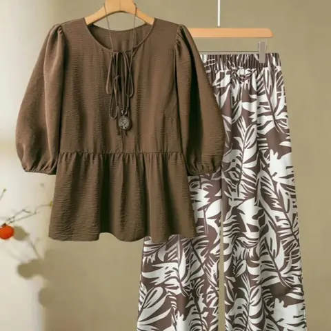 Elegant Minimalist Basic Plus Size Women's Solid Color Shirt & Printed Pants Set, Casual Fashion Comfortable Outfits for Spring & Fall, Clothes
