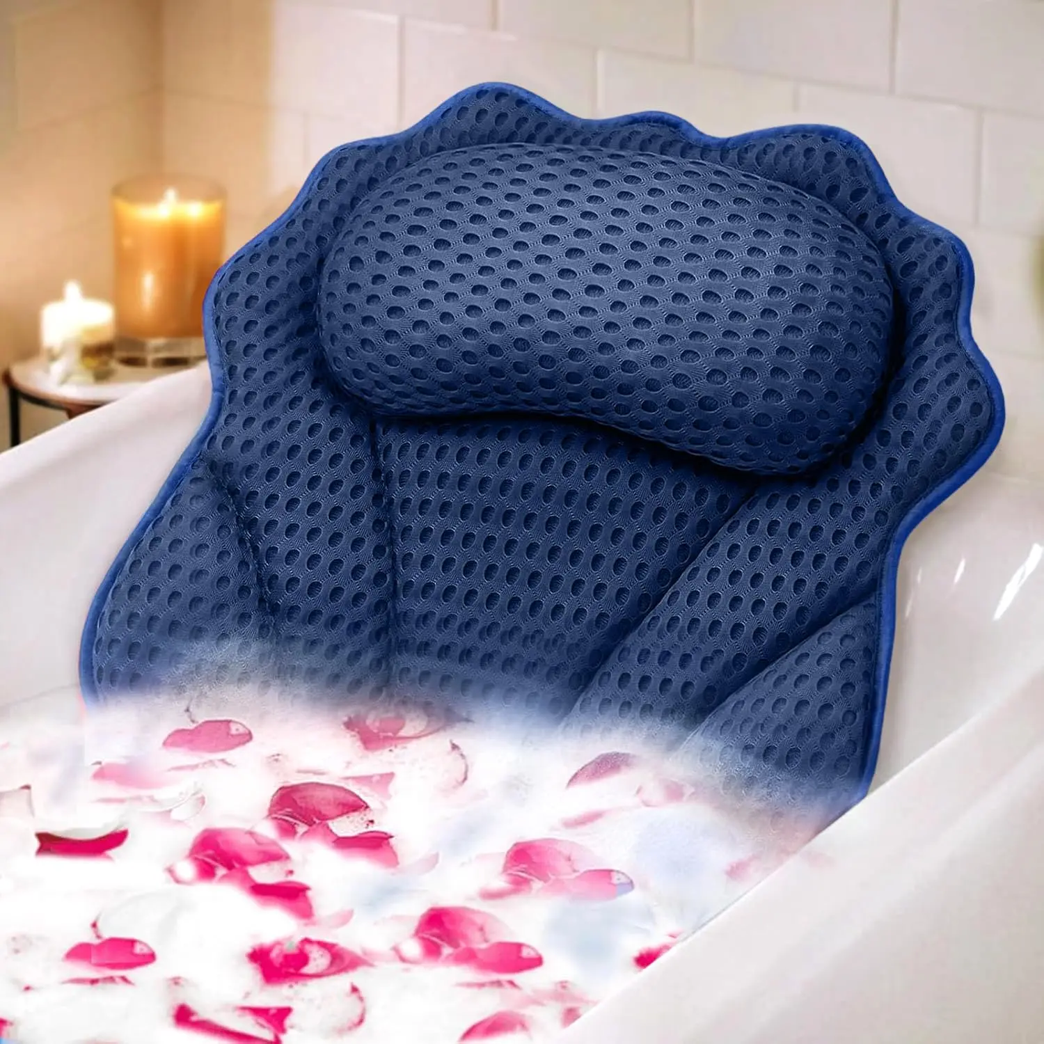 Ergonomic Luxury Bath Pillow with Head, Neck, Shoulder & Back Support – 4D Air Mesh Spa Tub Pillow with 6 Suction Cups, Fits All Bathtubs, Jacuzzi & Hot Tubs, Dark Blue