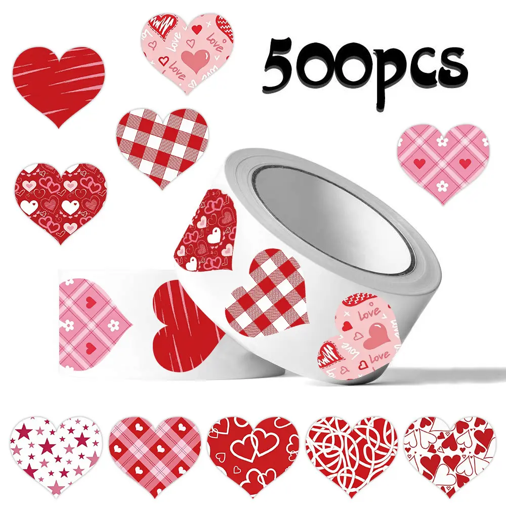 500 Stickers/roll Valentine's Day Heart-shaped Sticker Series Sealing Stickers for Mugs, Laptops, Suitcases, DIY Notebook Decoration Stickers, Birthday Gifts, Aesthetic Stickers, Adhesive Decals