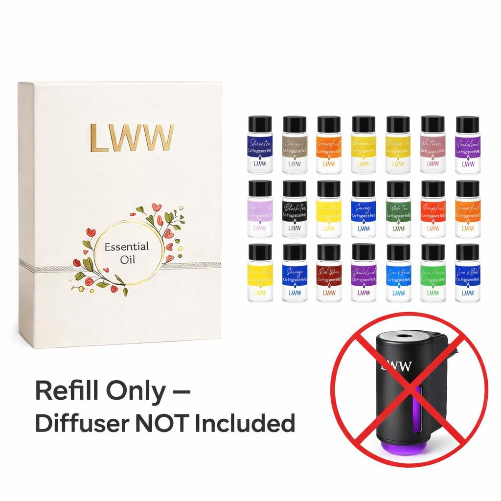 LWW Essential Oil Set 24-Pack 10 mL Each Assorted Scents for Diffuser & Car Freshener Refill Home Office Aroma Fragrance