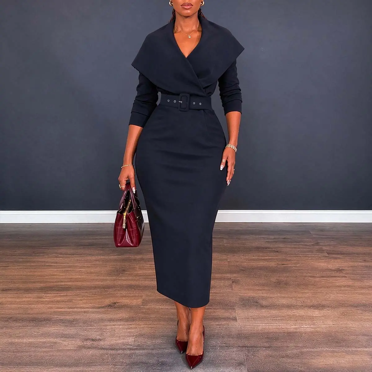 CHICME Women's Lapel Collar Wrap V-Neck Long Sleeve Slit Midi Dress with Belt
