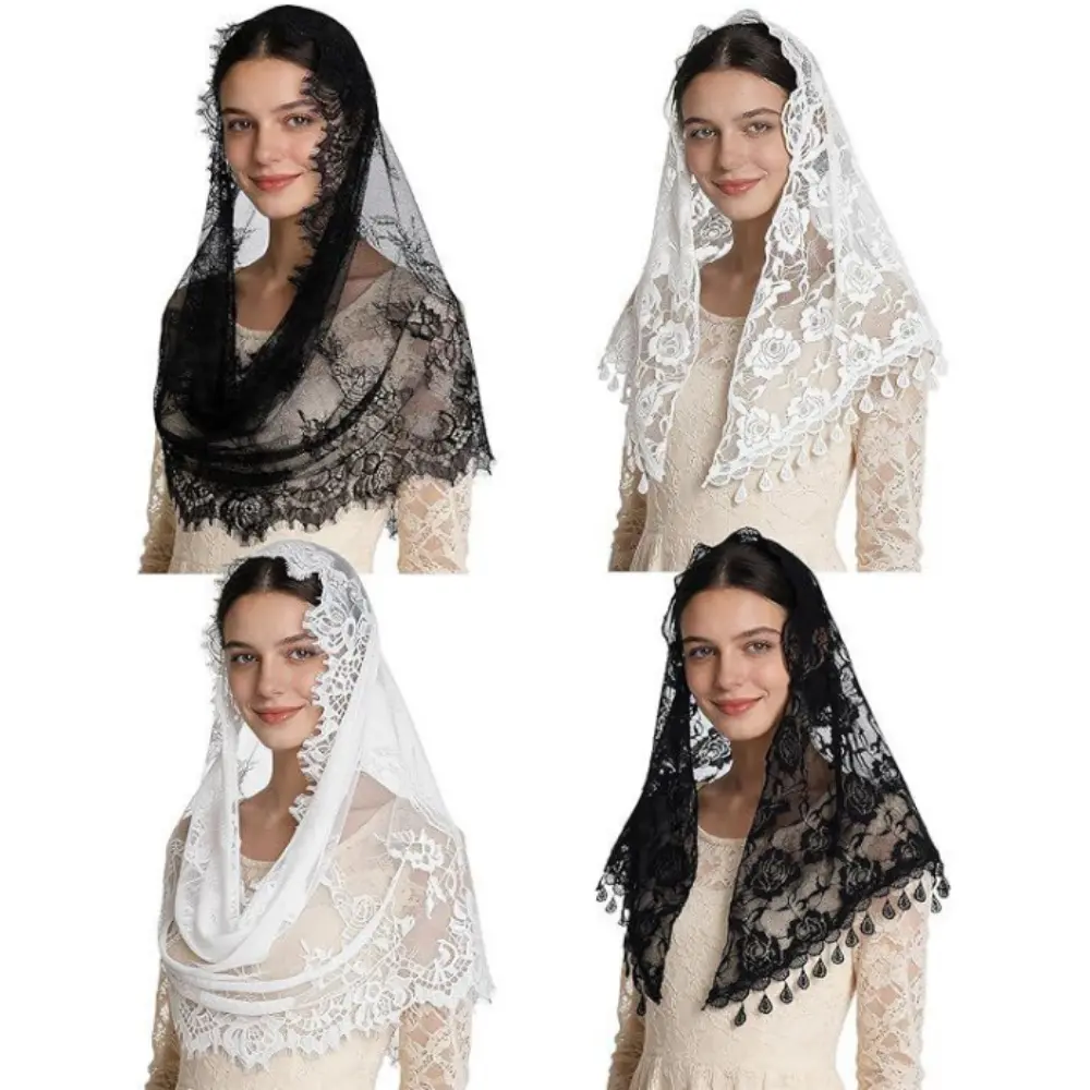 4 Pcs Women Vintage Lace Mantilla Veil, Soft Christian Chapel Veil for Women, Elegant Bridal Wedding Veil, Ideal for Church