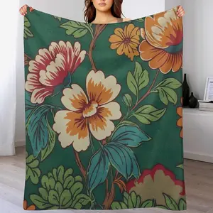 Warm Flannel Bed Throw Blankets, 30x40in Emerald Green Chinoiserie Coral Peony Design, Cozy Decorative Gift for Mom, Christmas & Housewarming Occasions