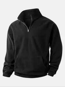 Men's Polar Fleece Hoodie Long Sleeve, Pure Color Mid-High Neck Half-Zip Shoulder Pad Warm Sweatshirt with Pockets, Casual Sports Basic Style, Casual Cozy Sweatshirt, Tops