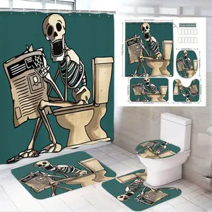 4pcs Humorous Skeleton Bathroom Set, Cartoon Skeleton Shower Curtain, Cozy Bath Mat, Contoured Toilet Lid Cover, The floor mat fabric is thicker and softer! Perfect for Halloween Decor