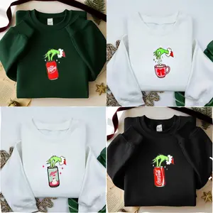 [MADE IN US] Custom Embroidered Green Monster Hand Pouring Drink Sweatshirt, Funny Holiday Embroidery Crewneck, Cute Christmas Drink Sweater, Cozy Unisex Xmas Gift for Men, Women, Classic Winter Wear