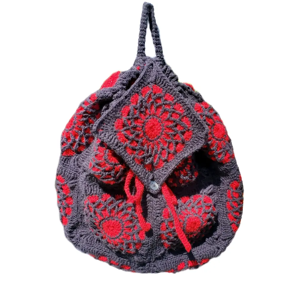 Kaye's Kreations Stained Glass Granny Square Backpack- Black and Sparkly Red