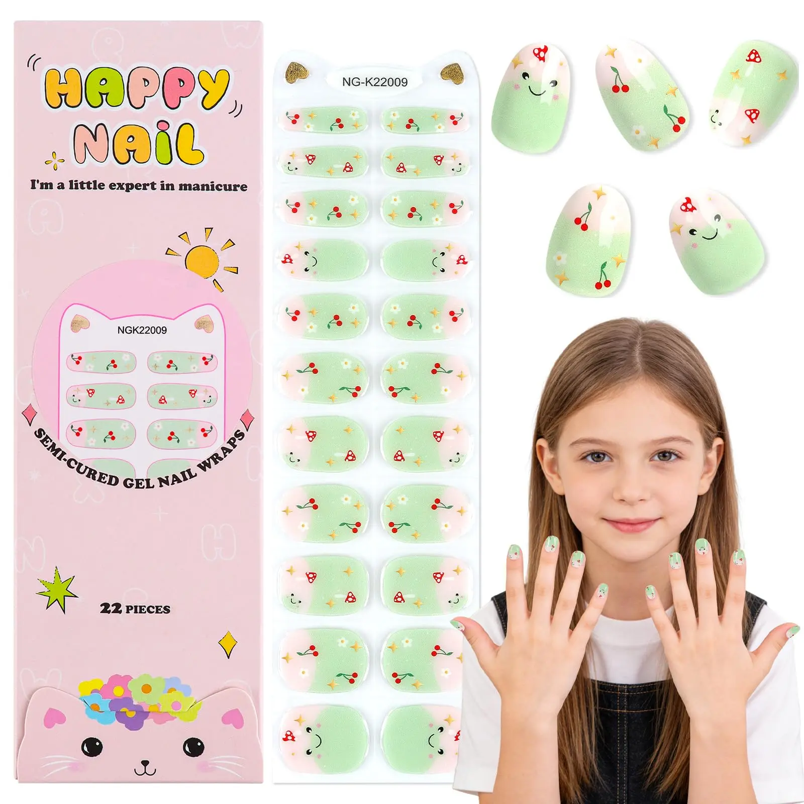 EBANKU Kids Gel Nail Polish Strips Cherry Semi-Cured Nail Art Wraps | Fun Designs Gel Nail Stickers for Girls, Home DIY, 22 Pcs