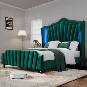 YITAHOME Queen Size Platform Bed Frame with Wingback Headboard and Footboard, Velvet Upholstered Bed with LED Light, Solid Wood Leg, No Box Spring Needed, Easy Assembly