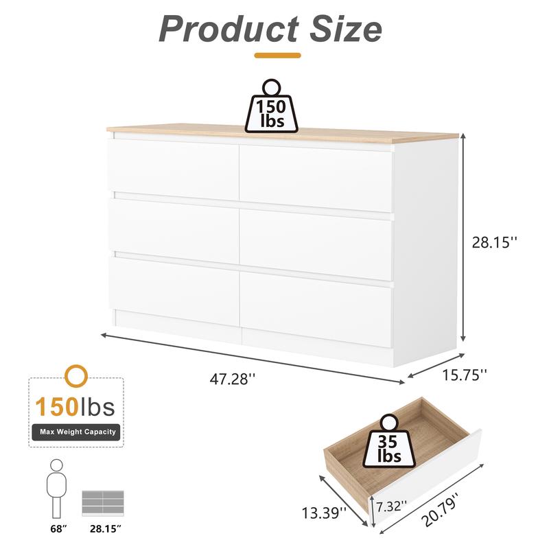 Spaco Modern 6 Drawers  Wood Dresser for Bedroom Organization,Double Dresser Wide Large Storage Chest of Drawers & TV Stand for for Closet, Living Room, Hallway,Small Place Organizer