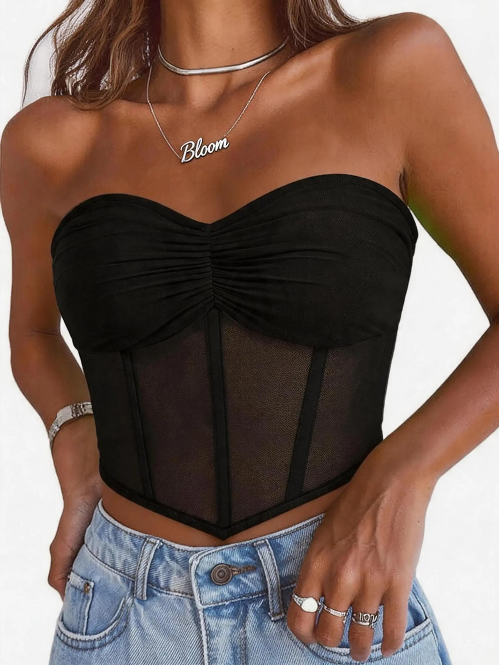 Women's Mesh Boned Corset Tube Top - Strapless Bustier with Boning Support, Polyester Spandex, Sweet Ruched Snatched Waist Shapewear, Sexy Street Going Out Crop Top for Date Night, Breathable Non-Slip Basic Summer Clubwear