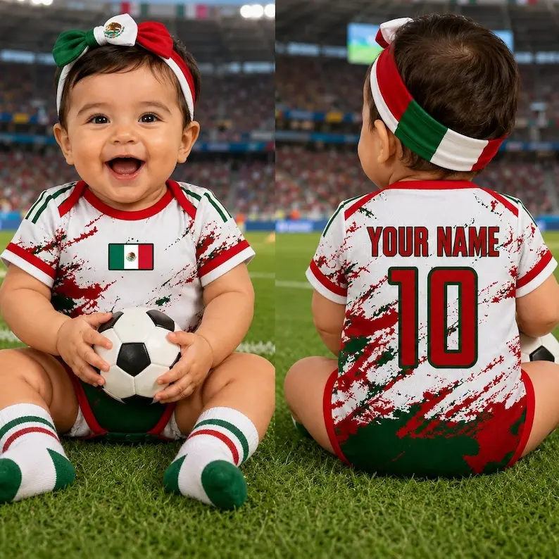 Mexico Baby Soccer Romper, Custom Name Number Onesie, Personalized Football Baby Bodysuit, World 2026 Newborn Outfit, Mexican Fan Gift