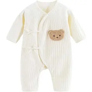 Newborn Cotton Onesie, Cute Bear Patched Casual Long Sleeve Bodysuit, & Infant Boy's Girl's Comfortable Clothing