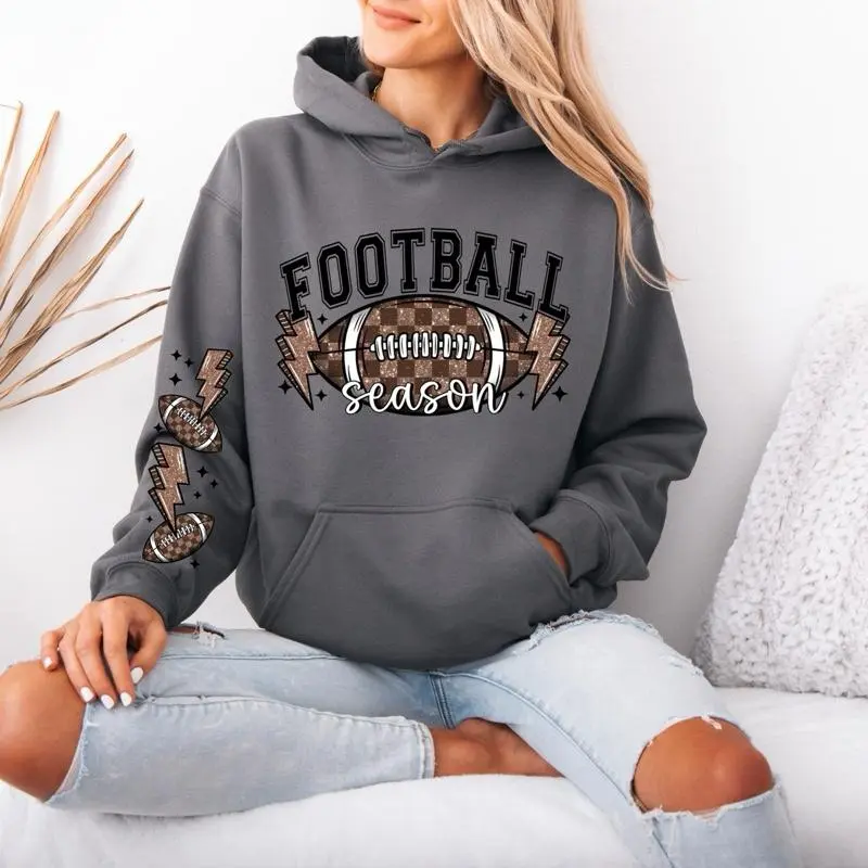 Football Season Gildan hooded Sweatshirt with Sleeve design unisex sizing womenswear comfortable soft Casual Pullover Tops Fabric Pocket Mint Green Green Spandex Cotton Fit