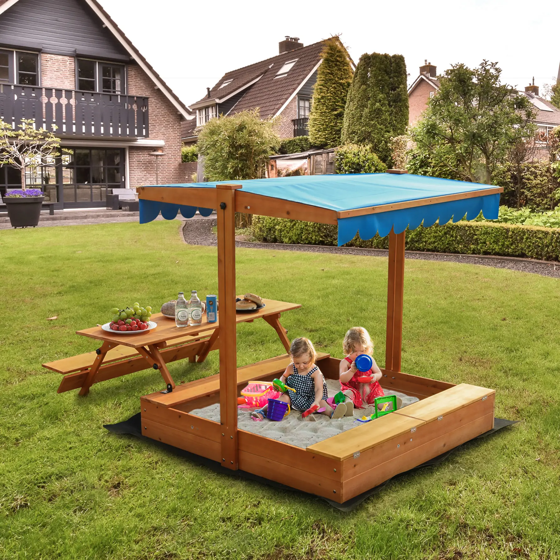 FUNTOK Giant 4-in-1 Wood+PVC Kids Sandbox (76in x 45in x 45in) - Folding Bench Seats, Picnic Table, Storage Boxes, Storage Lid, Swivel Sun Shade for 2-8 Years Kids' Outdoor Development, Backyard