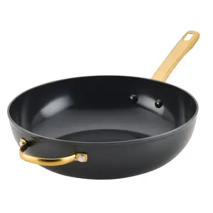 12.25-Inch Stir-Fry Pan with Helper Handle - Induction Ready Ceramic Nonstick, Forged Aluminum, Steel Bases, Black Exterior with Gold Accents