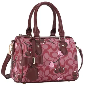 Oval Cherry Print Satchel - Stylish Handbag with Cherry Design and Brown Accents for Everyday Use, Versatile and Fashionable Choice