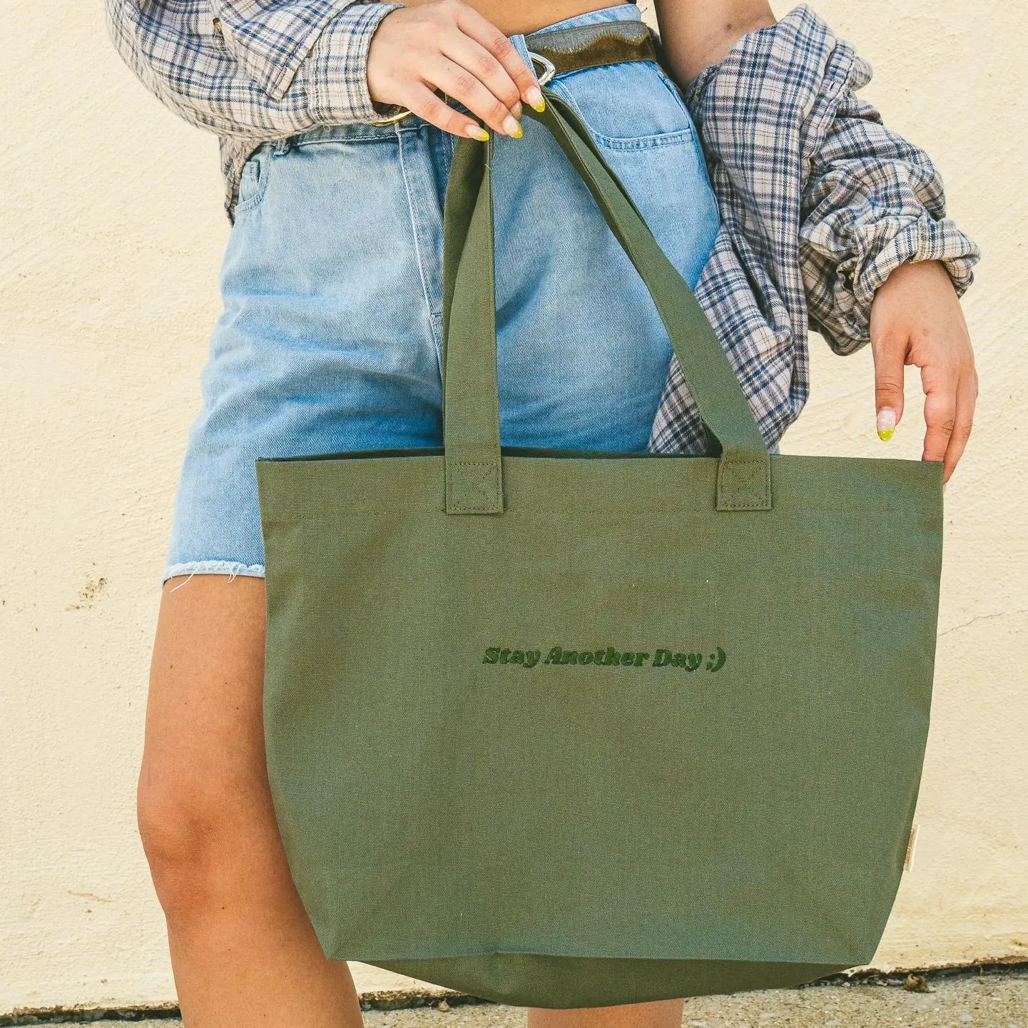 Stay Another Day Premium Embroidered Tote Bag Mental Health Awareness