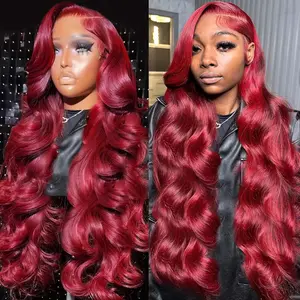 Burgundy Wig Human Hair Body Wave 13x6 13x4 HD Transparent Lace Wig 99J Red Human Hair Wig Colored Reddish Brown Lace Frontal Wigs 180% Density Pre Plucked