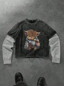 Men's Cotton Two-Piece Colorblock Sweatshirt, Comfortable Loose Fit, Streetwear Essential, Round Neck Pullover, Inner Wear